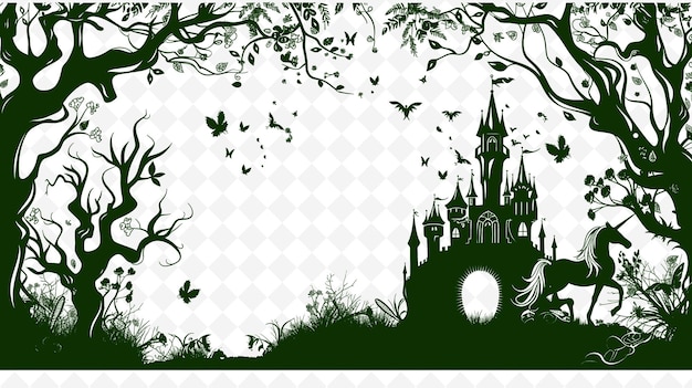 PSD png fairy tale frame art met kasteel en eenhoorn decoraties bor illustratie frame art decorative