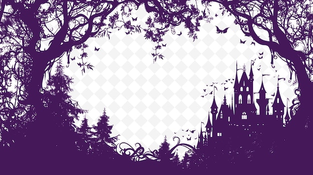 PSD png fairy tale frame art z dekoracjami zamku i jednorożca bor illustration frame art decorative