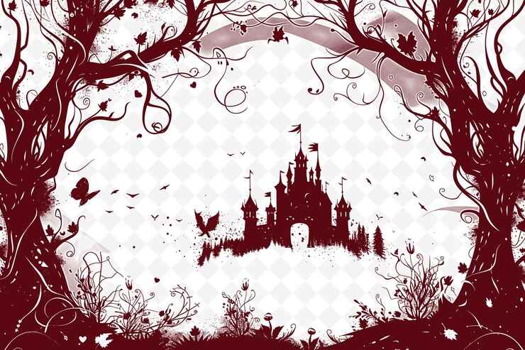 PSD png fairy tale frame art z zamkiem i magicznymi stworzeniami dekoracja ilustracja frame art decorative