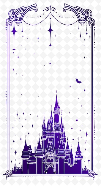 PSD png fairytale postcard design con un castello frame style adorned outline arts scribble decorative