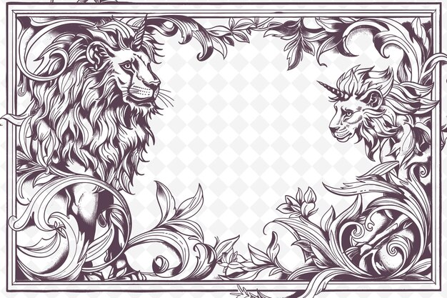 Png fantasy frame art met leeuw en eenhoorn decoraties border f illustratie frame art decoratief