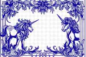 PSD png fantasy frame art with lion and unicorn decorations border f illustration frame art decorative
