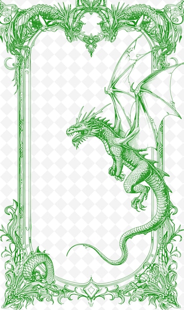 PSD png fantasy postcard design with a dragon frame style complete w outline arts scribble decorative