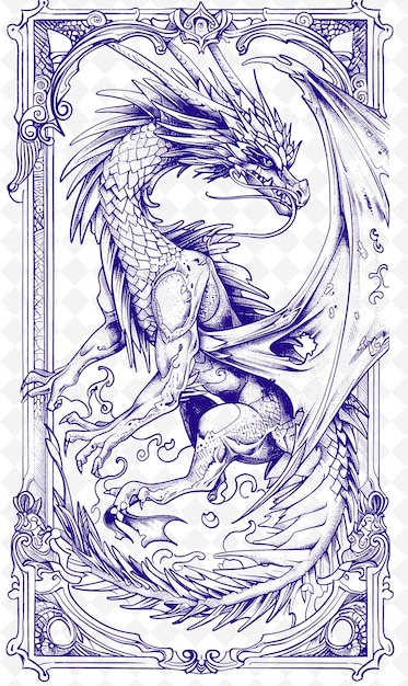 PSD png fantasy postcard design with a dragon frame style complete w outline arts scribble decorative