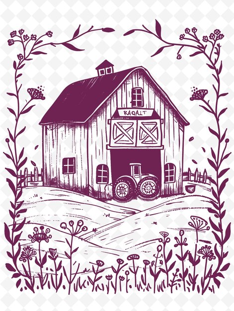 PSD png farmhouse frame art met schuur en tractor decoraties border illustration frame art decorative