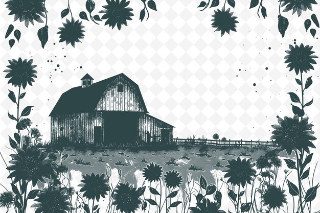 PSD png farmhouse frame art with barn and sunflower decorations bord illustration frame art decorative