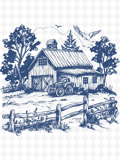 PSD png farmhouse frame art with barn and tractor decorations border illustration frame art decorative