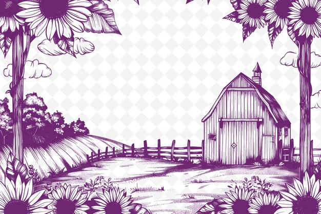 PSD png farmhouse frame art z stodołą i dekoracjami słonecznika bord illustration frame art decorative