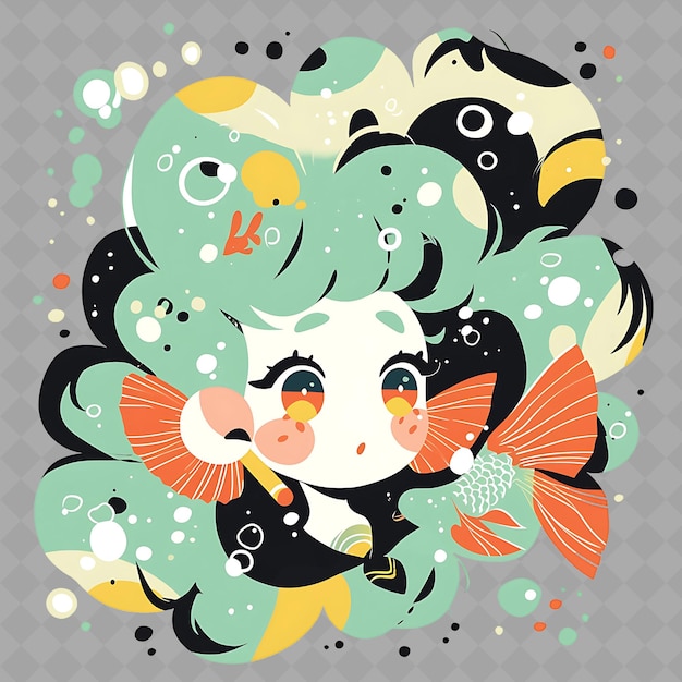 PSD png fascinating en kawaii anime fish girl met een bubble wand wi creatieve chibi sticker collectie