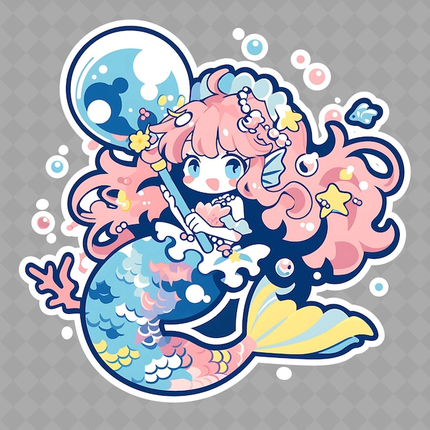 PSD png fascinating en kawaii anime fish girl met een bubble wand wi creatieve chibi sticker collectie