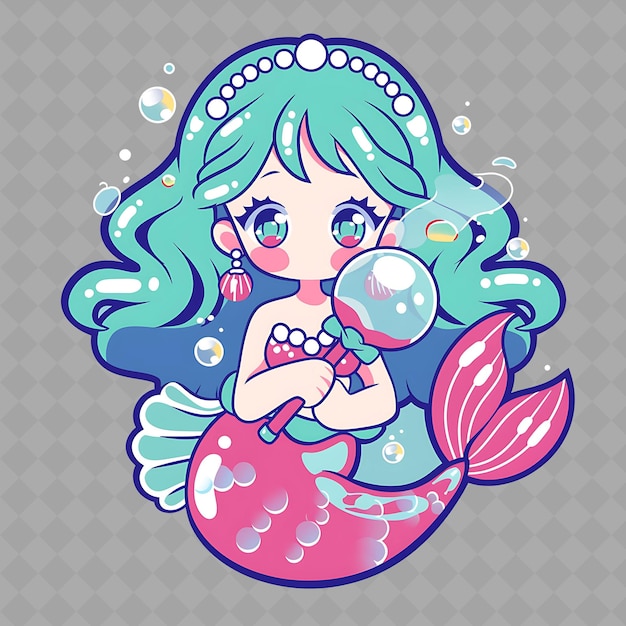 PSD png affascinante e kawaii anime fish girl con una bacchetta a bolle wi creative chibi sticker collection