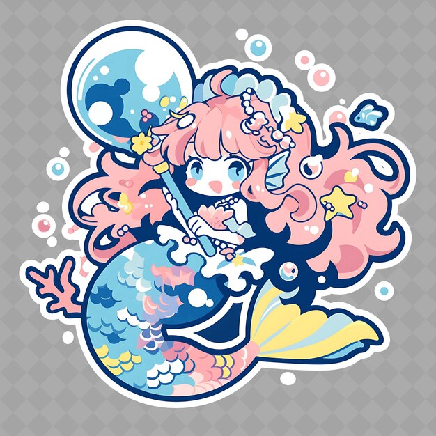 PSD png affascinante e kawaii anime fish girl con una bacchetta a bolle wi creative chibi sticker collection