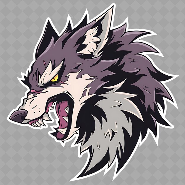 PSD png feroce e indomito anime wolf boy con denti affilati e una creativa collezione di adesivi chibi