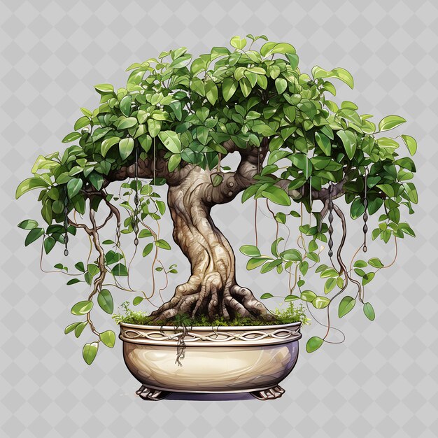 PSD png ficus bonsai tree wicker pot glossy leaves tropical concept transparent diverse trees decor