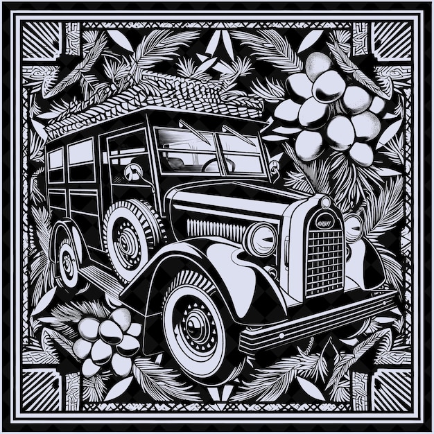 PSD png filipino folk art with jeepneys and basket weave patterns fo outline traditional frame art