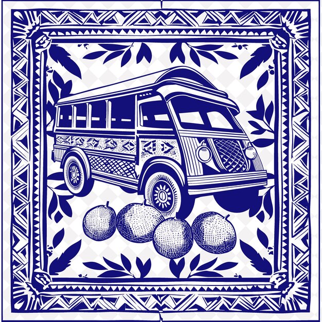 PSD png filipino folk art with jeepneys and basket weave patterns fo traditional unique frame decorative