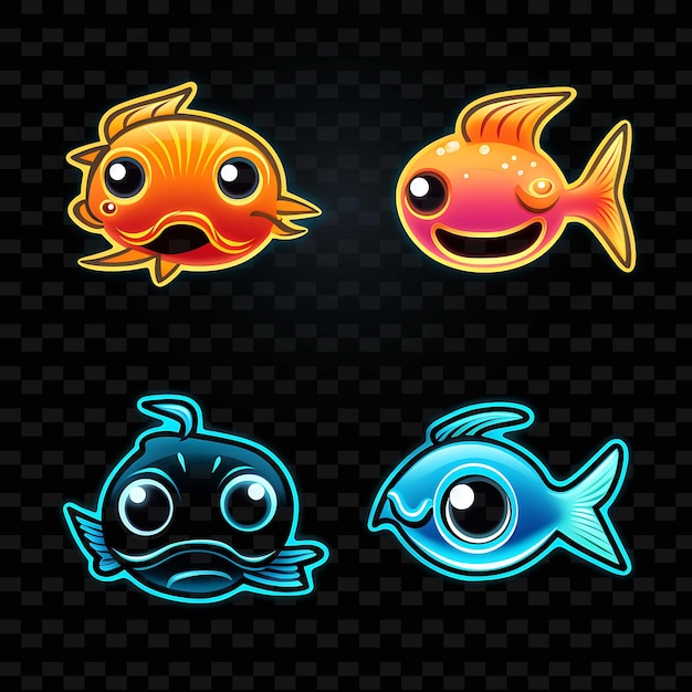 PSD png fish face icon emoji con giocose linee di neon sorpreso, addormentato e affamato y2k forma accattivante