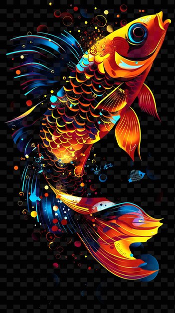 PSD png fish shaped decal with images of fish and with glittering s creative neon y2k shape decorativec