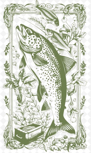 PSD png fishing postcard design with rustic frame style design decor outline arts scribble decorative