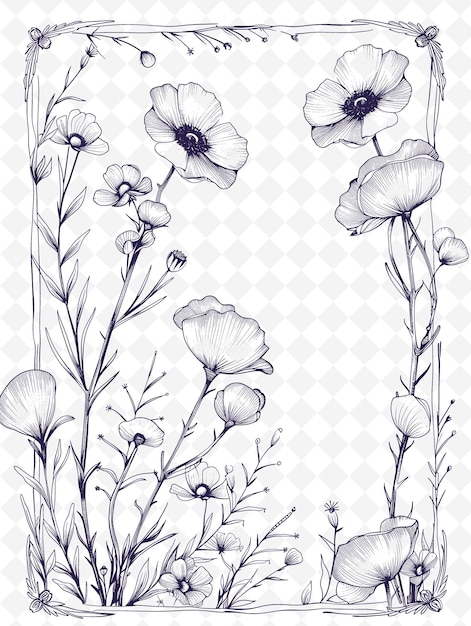 PSD png цветочный дизайн открытки с ботанической рамой стиль compleme outline arts scribble decorative