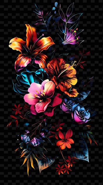 PSD png floral tape decal con piante e fiori infusi di neon flor creative neon y2k shape decorativea