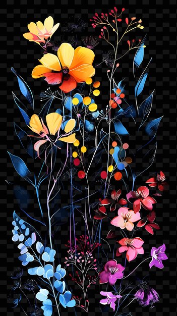 PSD png floral tape decal z neonowymi roślinami i kwiatami flor creative neon y2k shape decorativea