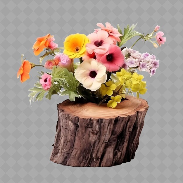 PSD png flowers in a ceramic vase on tree stump with color garden ob interior tree on clean background