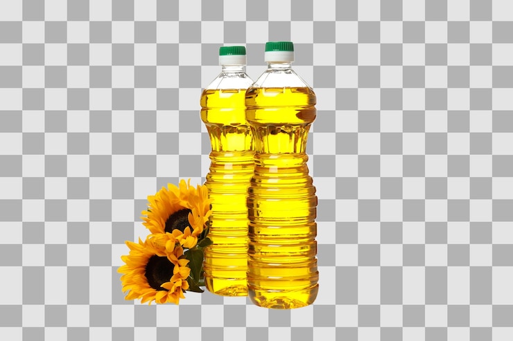 PSD png flowers and sunflower oil in plastic bottles isolated on white background