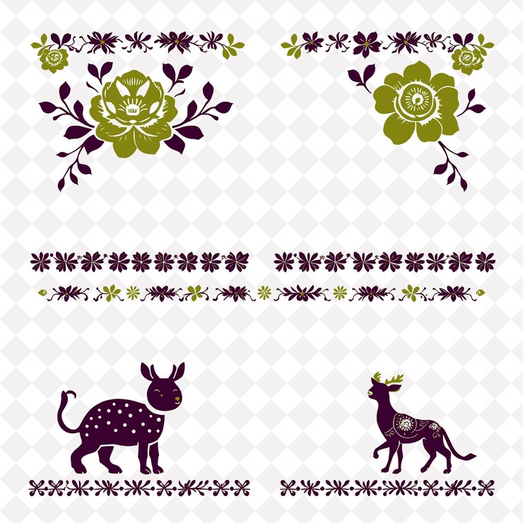 PSD png folk embroidery with floral and animal motifs borderlines design in the style folk art design