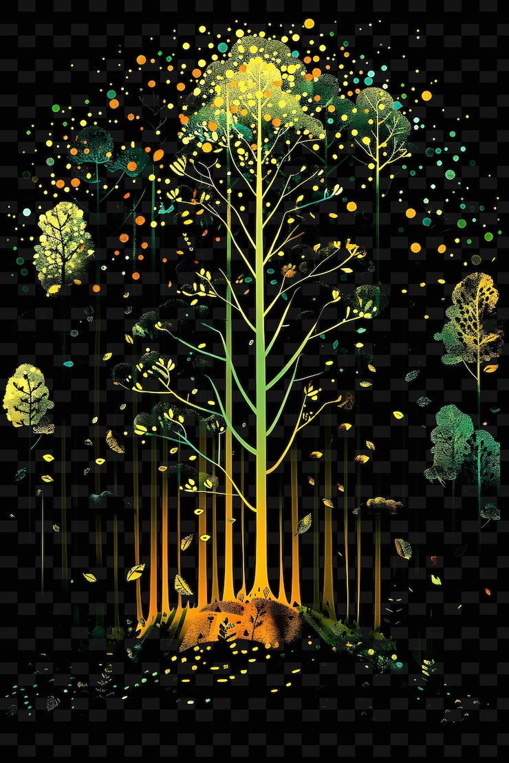 PSD png forest decal with motifs of trees and with radiant energy f creative neon y2k shape decorativeo
