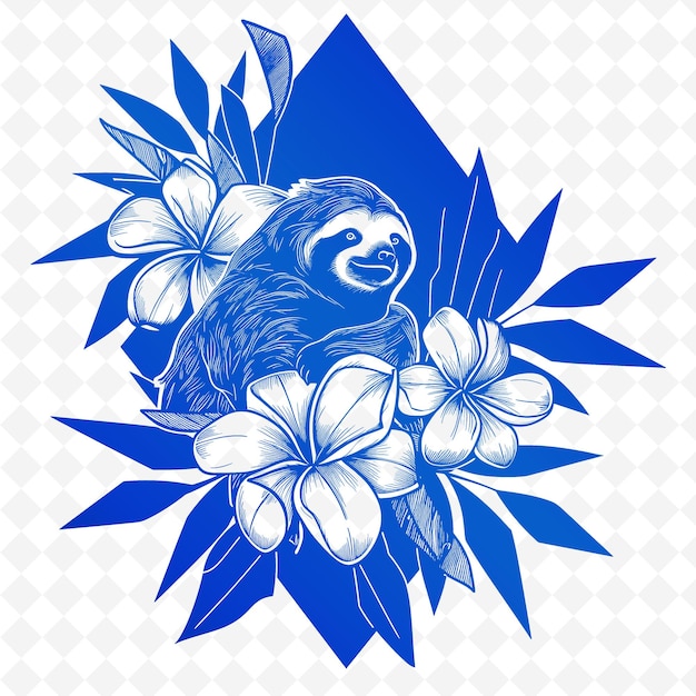 PSD png frangipani met lui silhouet en geometrisch ontwerp met m contour dierlijke en tropische bladeren