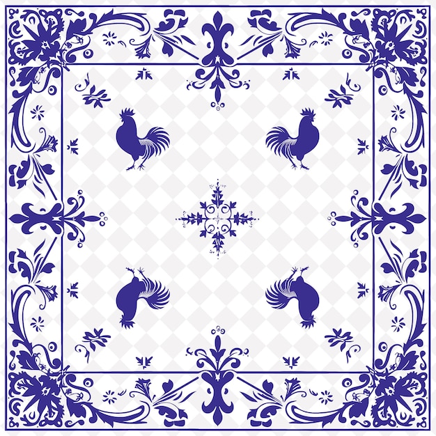 PSD png french folk art with fleur de lis and roosters for decoratio traditional unique frame decorative