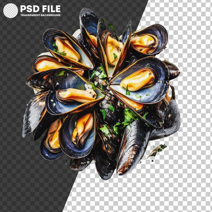 PSD png fresh mussels with herbs on a white background