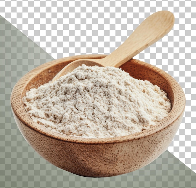 PNG Freshly ground flour in a wooden bowl with a spoon
