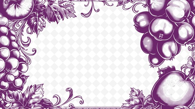 PSD png fruit themed frame art with apple and grapes decorations bor illustration frame art decorative