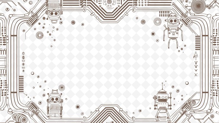 PSD png futuristic frame art with robot and spaceship decorations bo illustration frame art decorative