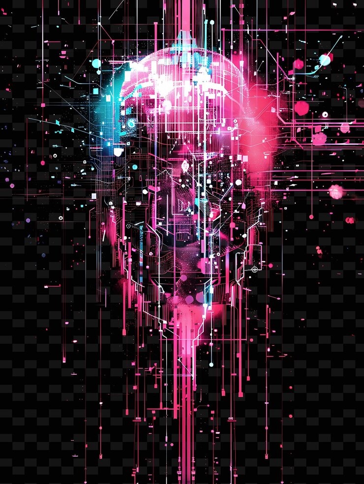 PSD png futuristic grid glitch with cybernetic symbols glowing lines illustration texture background