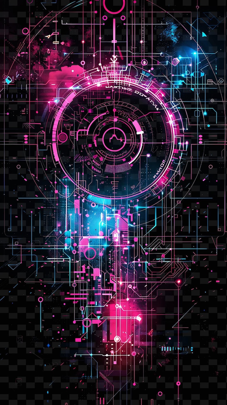 PSD png futuristic neon glitch with cybernetic symbols glowing lines illustration texture background