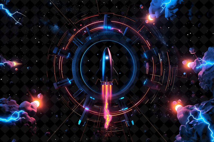 PSD png futuristic spaceship frame surrounding omisego with rockets y2k neon shape on dark background