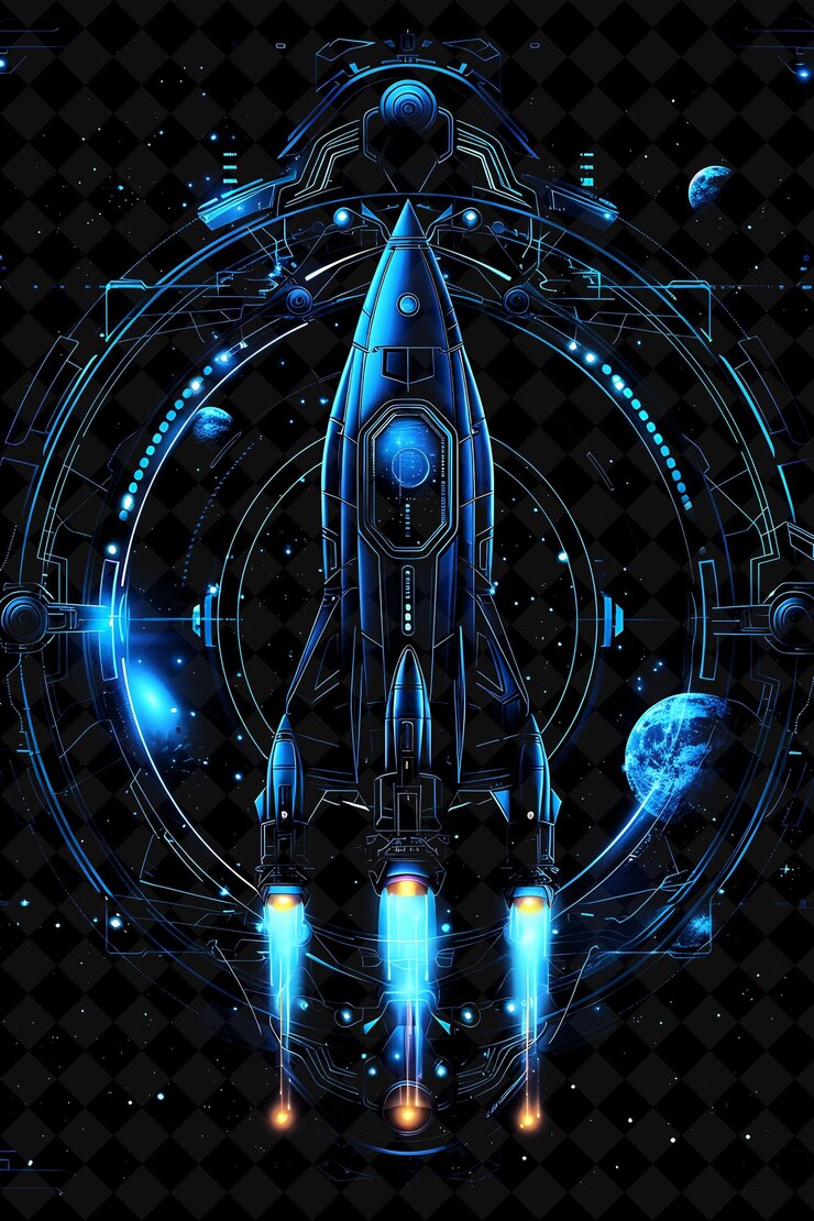 PSD png futuristic spaceship frame surrounding zcash with rockets an y2k neon shape on dark background