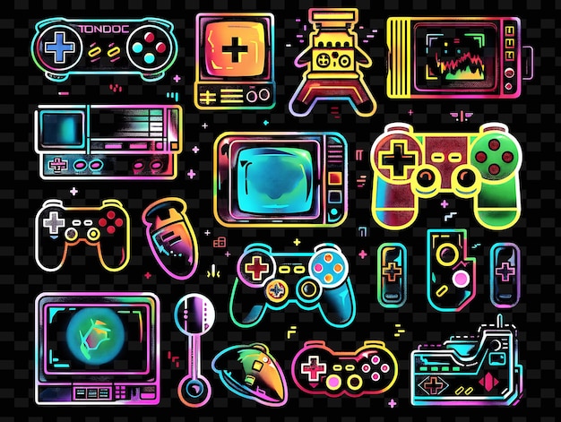 PSD png gaming tape decal met afbeeldingen van videogame personages en creative neon y2k shape decorativec