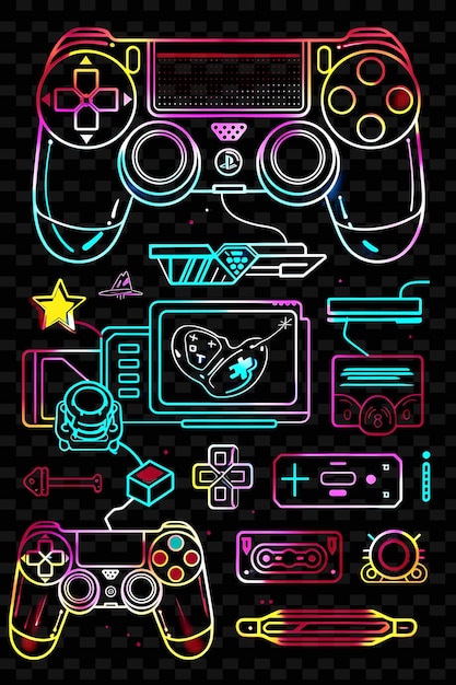 PSD png gaming tape decal с неоновыми игровыми элементами и ic creative neon y2k shape decorativeo