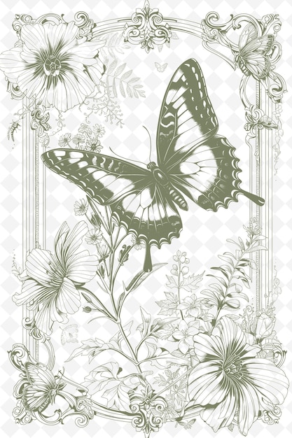 PSD png garden postcard design with victorian frame style design dec outline arts scribble decorative (дизайн открыток в саду с викторианской рамкой в стиле декоративных рисунков)