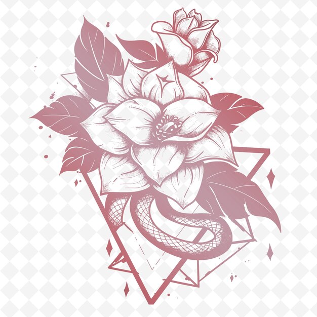 PSD png gardenia with python coils and simple line art with triangle outline animal and tropical leave