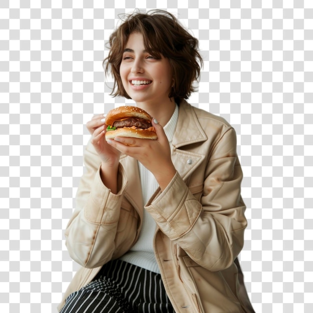 PNG Gelukkige vrouw geniet van een heerlijke burger