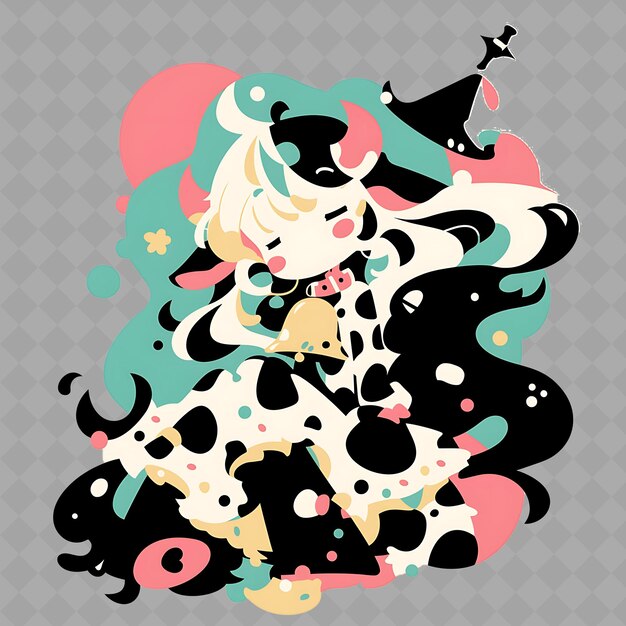 PSD png gentle and calm anime cow girl with spots and a bell grazing creative chibi sticker collection