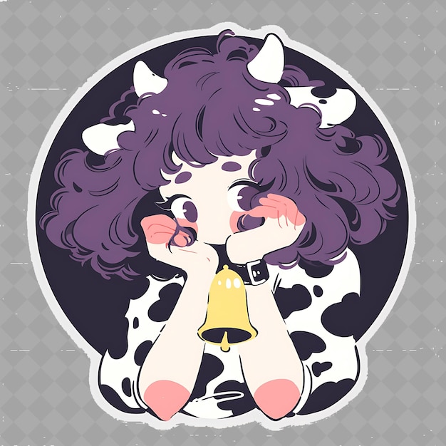 PSD png gentle and calm anime cow girl with spots and a bell grazing creative chibi sticker collection