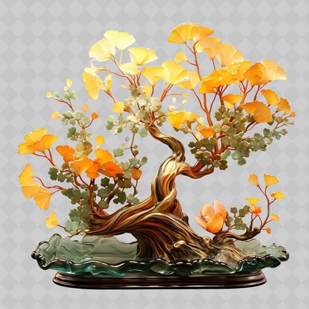 PSD png ginkgo bonsai tree 유리 비 팬 모양의 잎 예술적 콘크 투명 다양한 나무 장식
