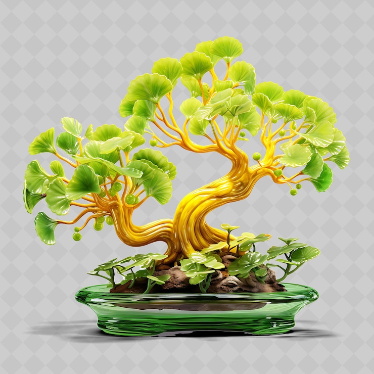 PSD png ginkgo bonsai tree glass pot fan shaped leaves artistic conc transparent diverse trees decor