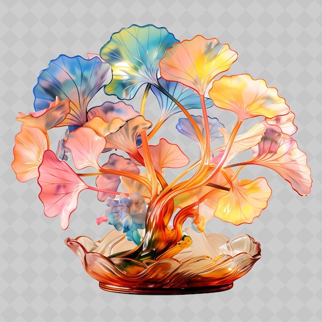 PSD png ginkgo bonsai tree glass pot fan shaped leaves artistic conc transparent diverse trees decor